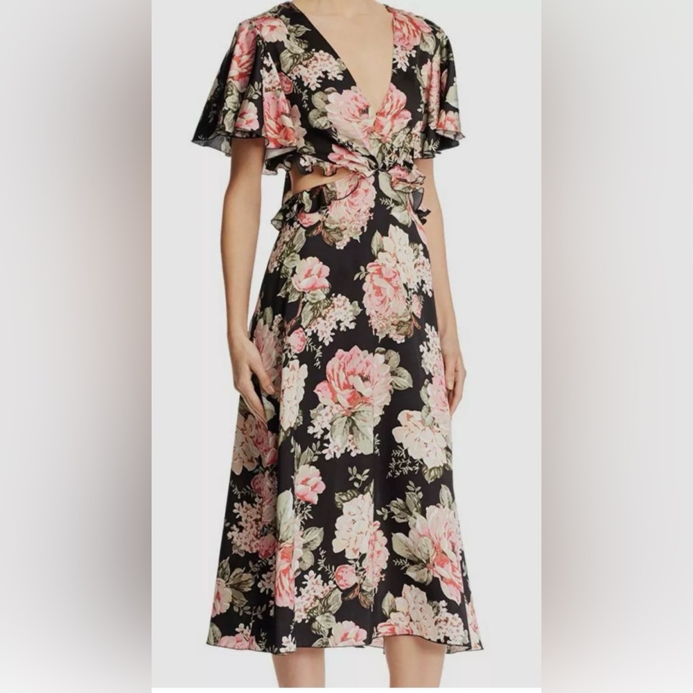$845 Divine Heritage Women Blue V-Neck Floral Ruffle Flutter-Sleeve Midi Dress M - Picture 2 of 7